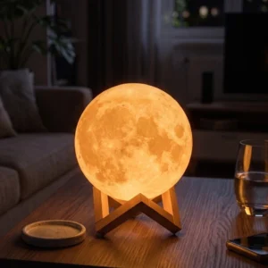 Rechargeable 3D Moon Lamp with Wooden Stand - 16-Color RGB Night Light with Touch and Remote Control